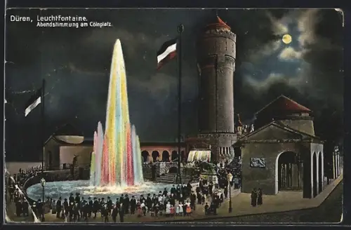 AK Düren, Leuchtfontaine, Abendstimmung am Cölnplatz