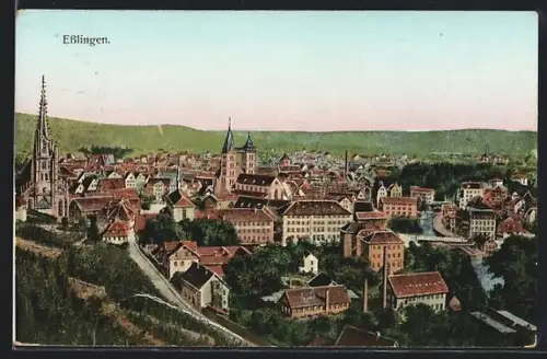 Goldfenster-AK Esslingen, Ortsansicht mit leuchtenden Fenstern