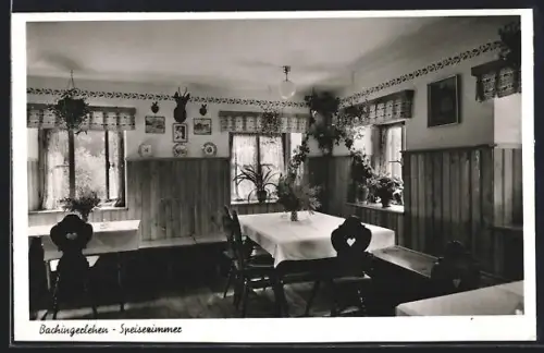 AK Berchtesgaden, Gasthaus Bachingerlehen, Speisezimmer, Besitzer Josef Pfnür
