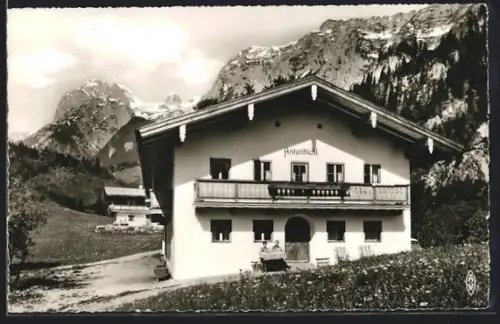 AK Ramsau bei Berchtesgaden, Gasthaus Antenbichl, Inh. Geschw. Maltan, Alpenpanorama