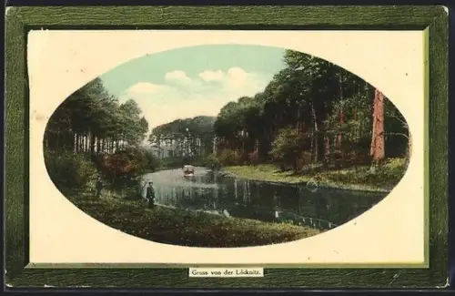 AK Erkner, Löcknitz, Flusslandschaft mit Boot und Wald