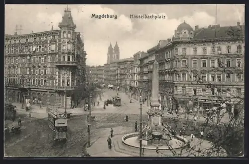 AK Magdeburg, Hasselbachplatz, Brunnen, Strassenbahn