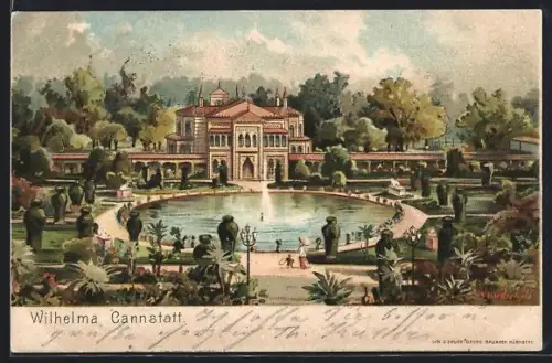 Lithographie Cannstatt, Wilhelma, Parkanlage, Brunnen, Hauptgebäude