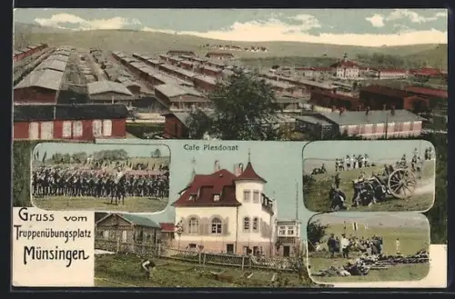 AK Münsingen, Truppenübungsplatz, Cafe Plesdonat, Soldaten, Artillerieübungen