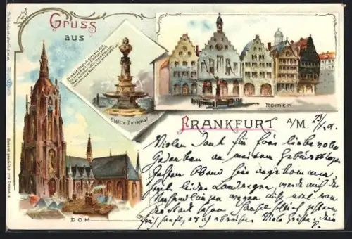 Lithographie Alt-Frankfurt, Römer, Dom, Stoltze-Denkmal