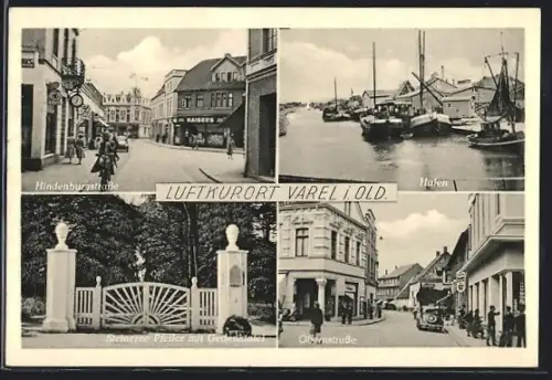 AK Varel i. Old., Hindenburgstrasse, Hafen, Steinerner Pfeiler mit Gedenktafel, Oldenburgerstrasse