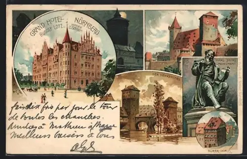 Lithographie Nürnberg, Grand Hotel, Henkersteg, Hans Sachs Denkmal, Dürerhaus