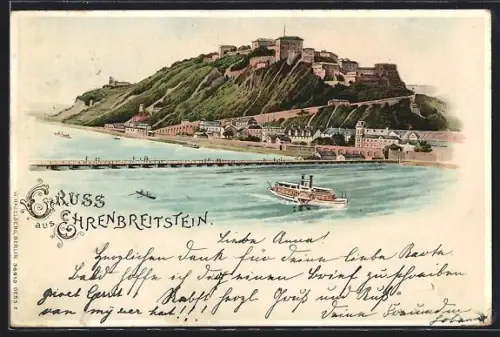 Lithographie Ehrenbreitstein, Festung Ehrenbreitstein, Rhein, Dampfschiff
