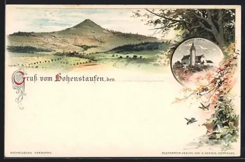 Lithographie Hohenstaufen, Berg Hohenstaufen, Kloster Lorch