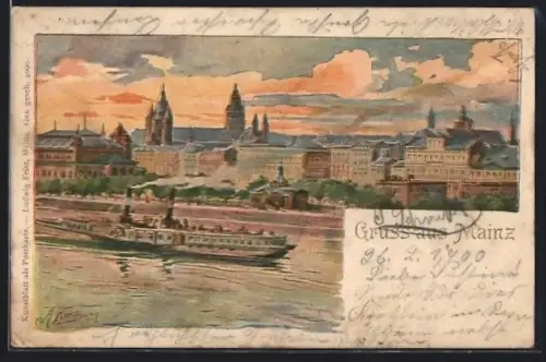 AK Mainz, Dom, Rhein, Dampfschiff
