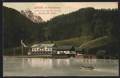 AK Urfeld a. Walchensee, Gasthof zum Fischer am See, Besitzer M. Geiger
