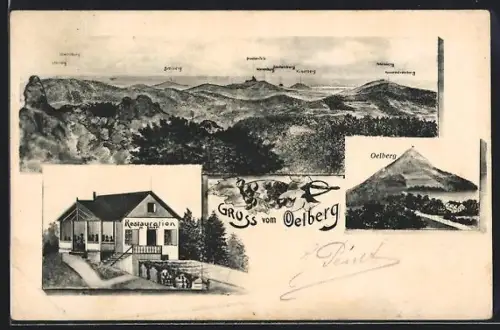 AK Oelberg, Restaurant von W. Damm, Panorama mit Bergen Breiberg, Hirschberg