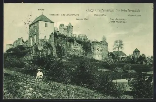 AK Greifenstein im Westerwald, Burg Greifenstein, Kirche, Nassauer- und Bruderturm, Rossmühle