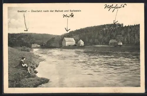 AK Klosterbuch, Gasthof Scheergrund, Bes. Bernh. Matthae, Überfahrt nach der Mallust und Spitzstein