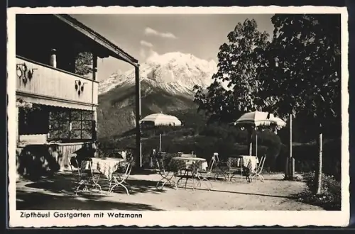 AK Ramsau, Zipfhäusl Gastgarten mit Watzmann