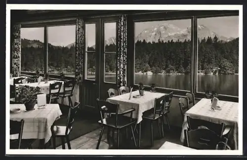 AK Hintersee b. Berchtesgaden, Seehotel Gemsbock, Gastraum mit Seeblick