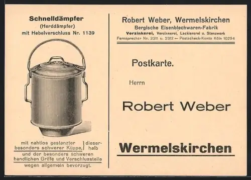 AK Wermelskirchen, Korrespondenzkarte zum Kauf von Schnelldämpfern von Robert Webers Eisenblechwaren-Fabrik