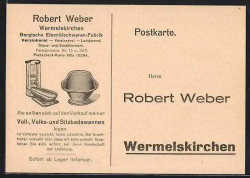 AK Wermelskirchen, Korrespondenzkarte zum Kauf von Badewannen von Robert Webers Eisenblechwaren-Fabrik