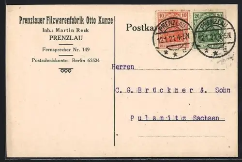 AK Prenzlau, Korrespondenzkarte der Prenzlauer Filzwarenfabrik Otto Kunze, Inh. Martin Reck