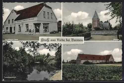AK Riede bei Bremen, Kaufhaus Diers, Kirche, Landgraben, Schule