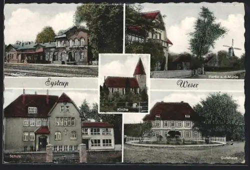 AK Eystrup /Weser, Bahnhof, Kirche, Schule, Gutshaus, Partie a. d. Mühle