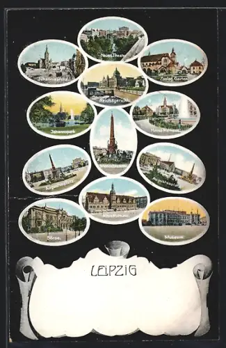 AK Leipzig, Börse, Zoologischer Garten, Augustusplatz, Museum und Börse
