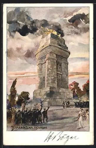 Künstler-AK Stuttgart, Bismarckturm mit Besuchern