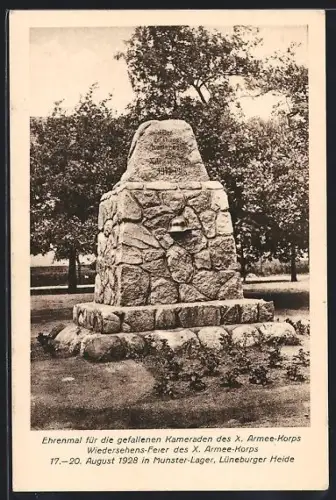AK Munster-Lager /Lüneburger Heide, Ehrenmal für die gefallenen Kameraden des X. Armee-Korps