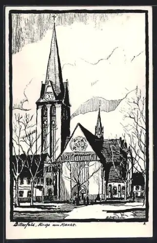 Künstler-AK Bitterfeld, Kirche am Markt