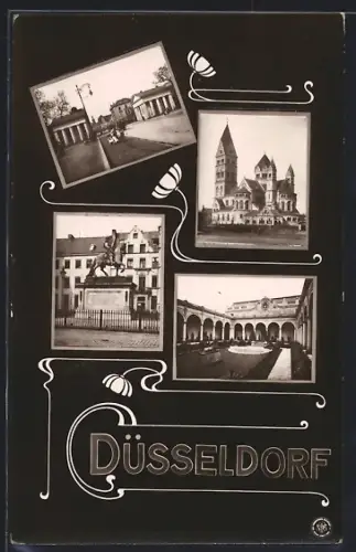 AK Düsseldorf, Reiterstandbild, Kirche und Schlosshof