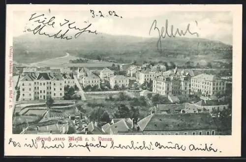 AK Melk a. d. Donau, Panorama mit Häusern und Gärten