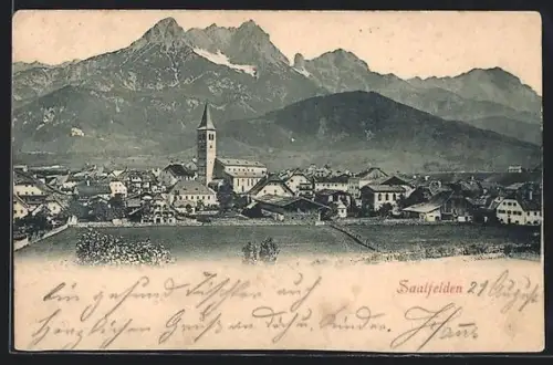 AK Saalfelden, Panorama mit Kirche und Gebirgszug