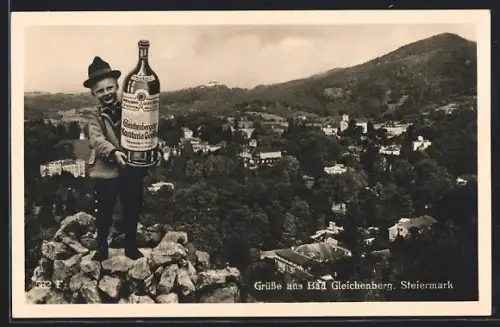 AK Bad Gleichenberg /Steiermark, Panorama mit grosser Werbeflasche