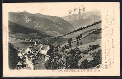 AK St. Ilgen /Obersteiermark, Panorama mit Kirche und Bergen