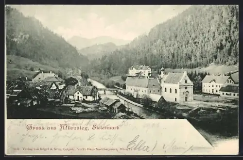 AK Mürzsteg /Steiermark, Ortsansicht mit Kirche und Fluss