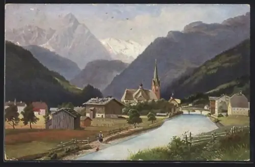 AK Zell am Ziller, Dorf mit Kirche, Brücke am Fluss, Gebirgspanorama