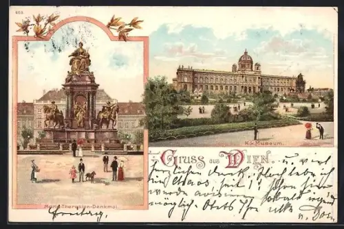 Lithographie Wien, Maria-Theresien-Denkmal, K.K. Museum