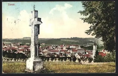 AK Zwettl /Niederösterreich, Panorama mit Kreuz