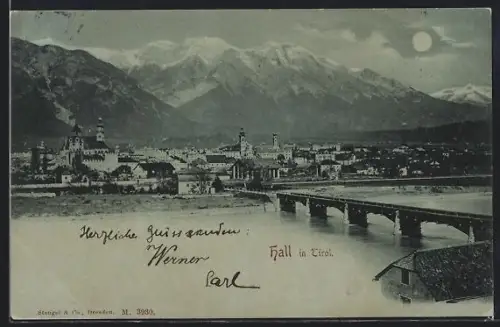 Mondschein-AK Hall in Tirol, Panorama mit Brücke