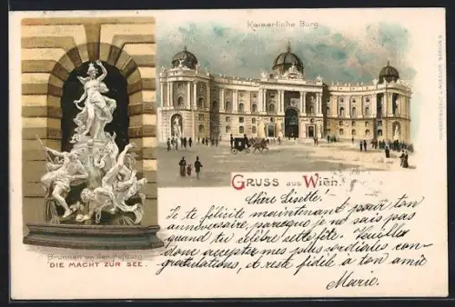 Lithographie Wien, Kaiserliche Burg, Brunnen an der Hofburg