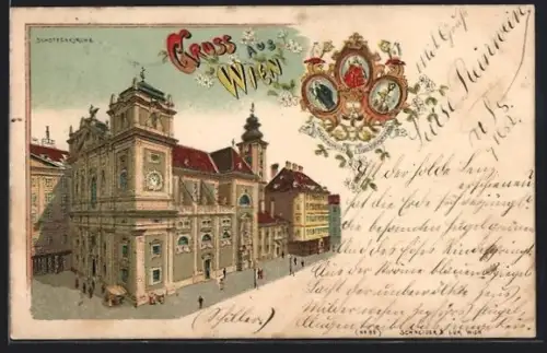 Lithographie Wien, Strassenansicht Schottenkirche