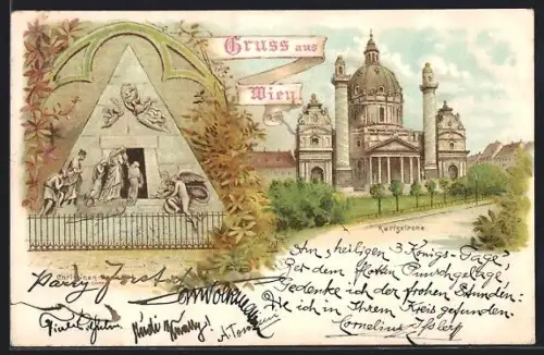 Lithographie Wien, Karlskirche und Christinendenkmal