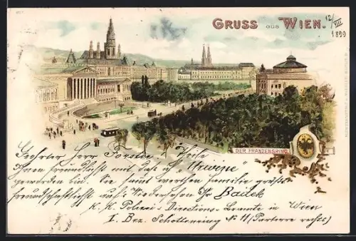 Lithographie Wien, Franzensring mit Strassenbahn