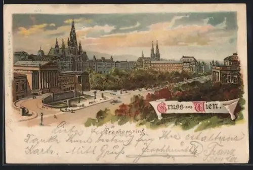 Lithographie Wien, Franzensring aus der Vogelschau