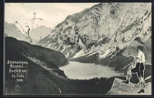 AK Ennstal, Seefest 28. Juni 1908, Gebirgspanorama und Wanderer
