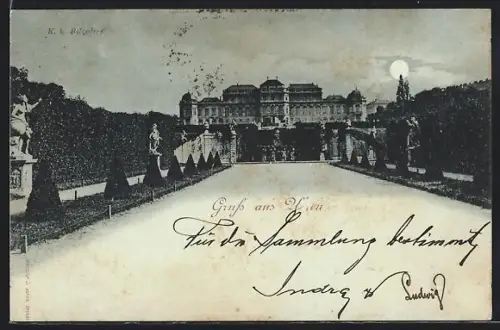 Mondschein-AK Wien, K. k. Belvedere, Parkallee mit Statuen