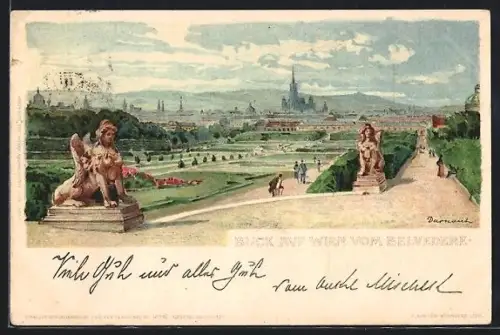 Lithographie Wien, Blick vom Belvedere mit Sphinxstatuen