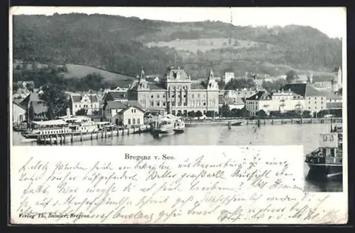 AK Bregenz, Uferpartie vom See mit Schiffen und Promenade