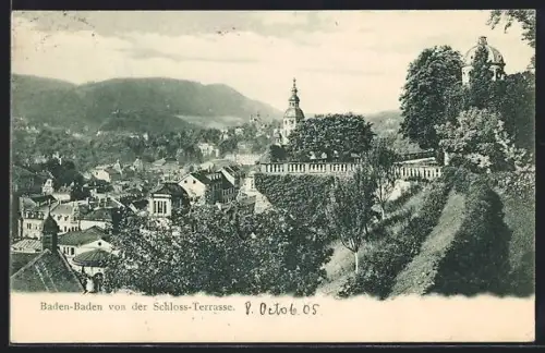 AK Baden-Baden, Schloss-Terrasse mit Stadtpanorama und Kirche
