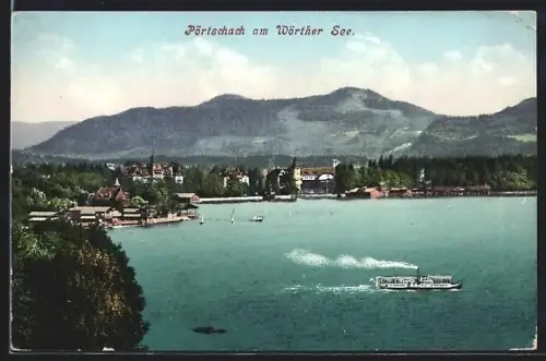 AK Pörtschach am Wörther See, Panorama mit See, Ort und Dampfschiff